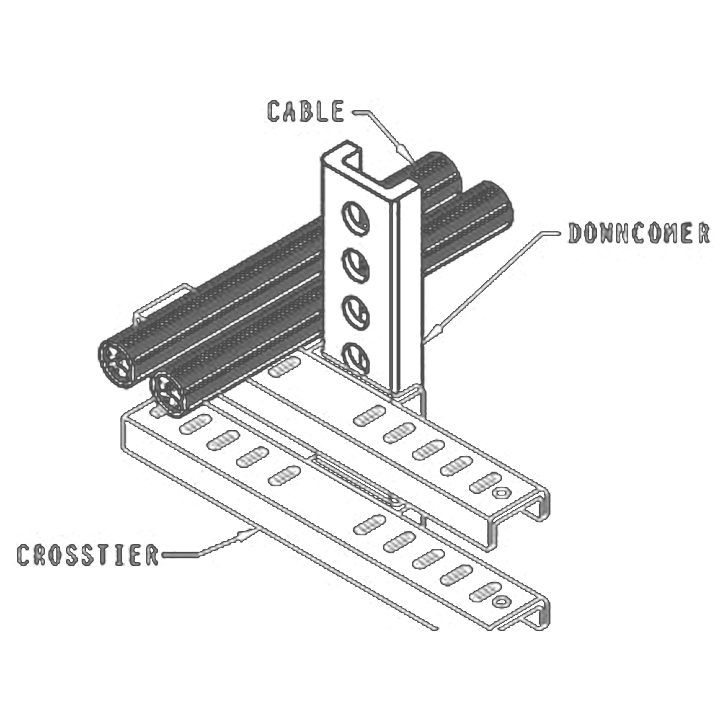 RT&D cable support assembly showing a cable, downcomer and crosstier